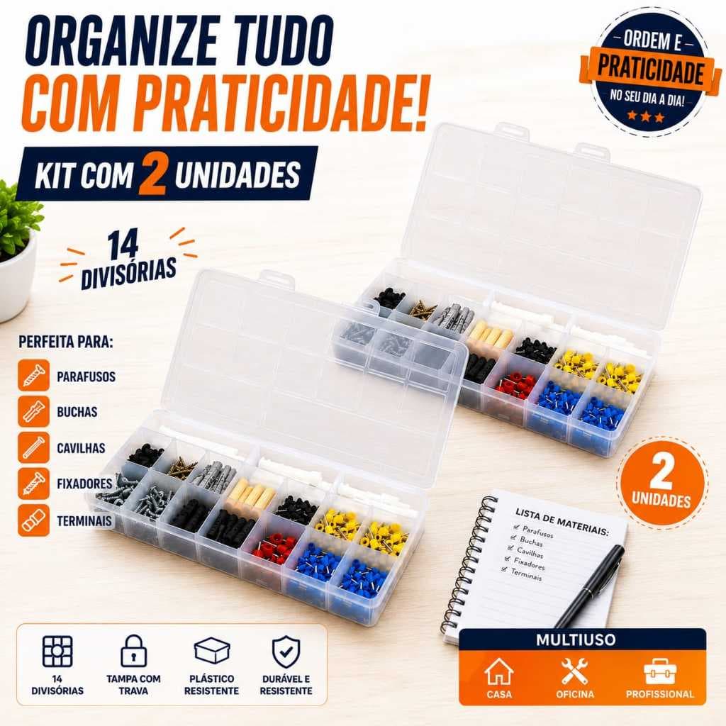 Kit Com 2 Caixas Organizadoras 14 Divisorias Com Tampa Travas Seguras Ferramentas Acessorios Caixa Organizadora