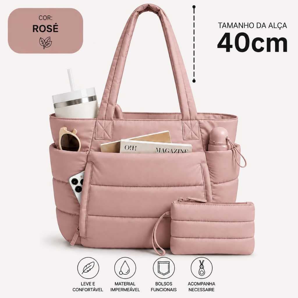 Bolsa Feminina Grande Matelassê Impermeável com Alças Longas + Necessaire