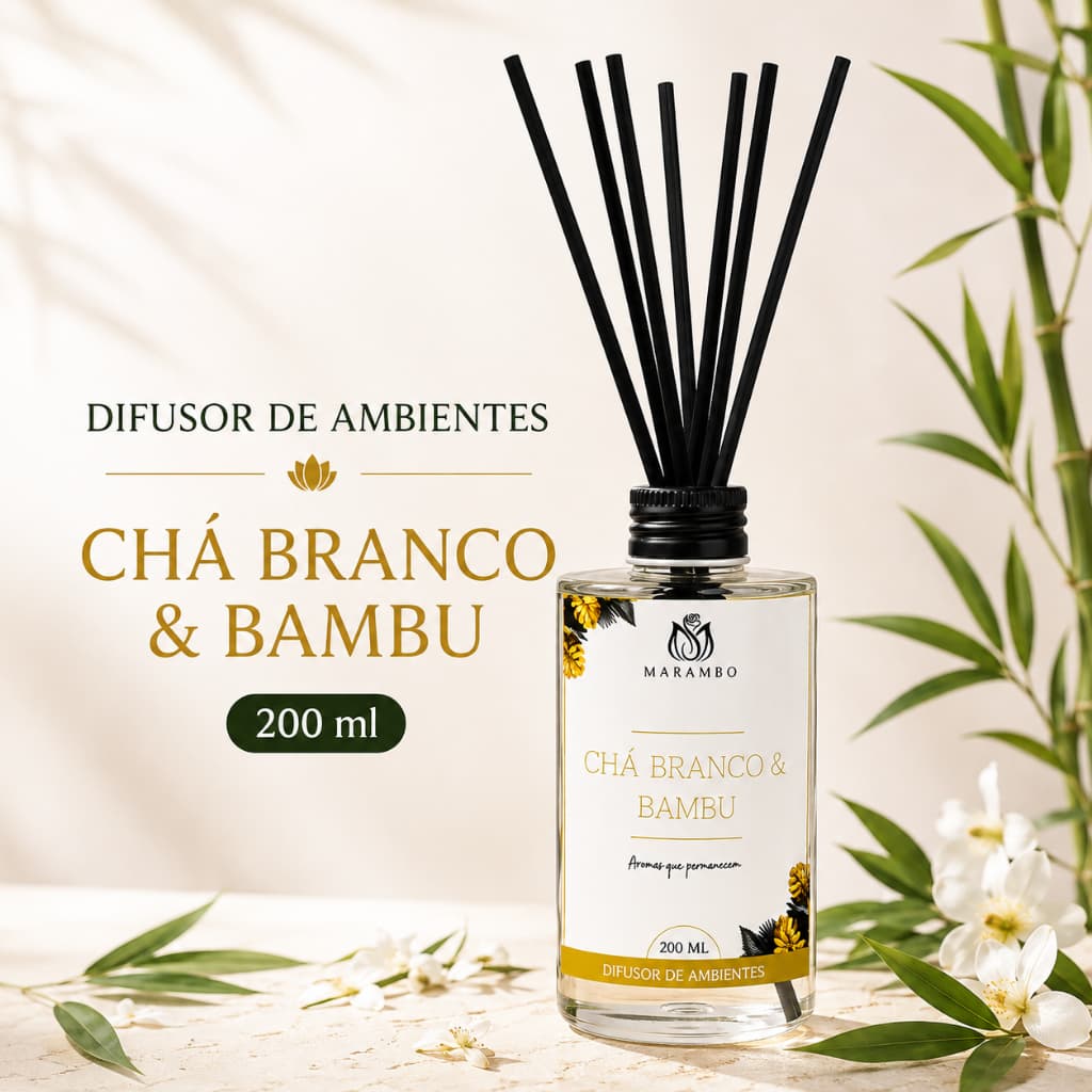 Difusor de Ambientes Chá Branco e Bambu Marambo 200ml com 6 Varetas