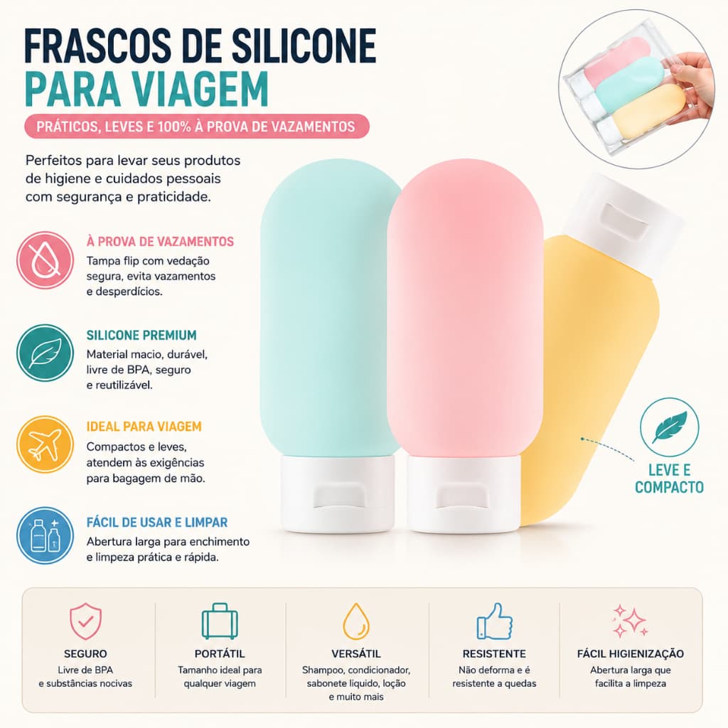 Três frascos de plástico de 60 ml, com revestimento externo multicolorido, práticos para viagens - dispensador.