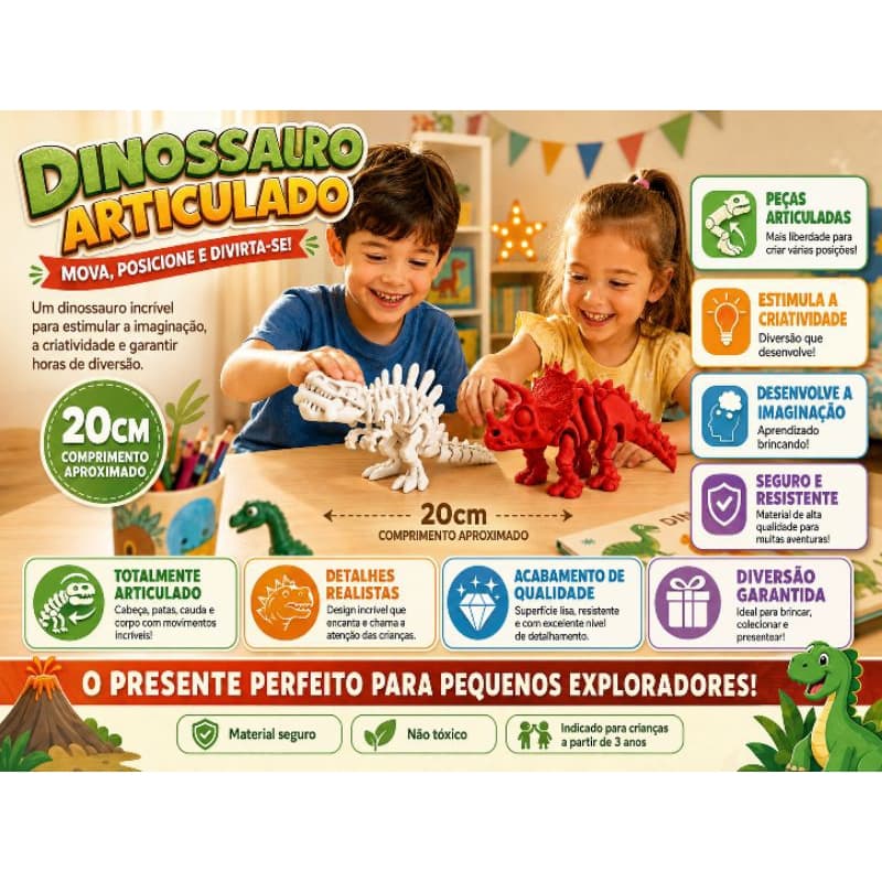 Brinquedo Dinossauro Articulado 20cm T-Rex Triceratops Infantil Educativo Sensorial Presente Criativo