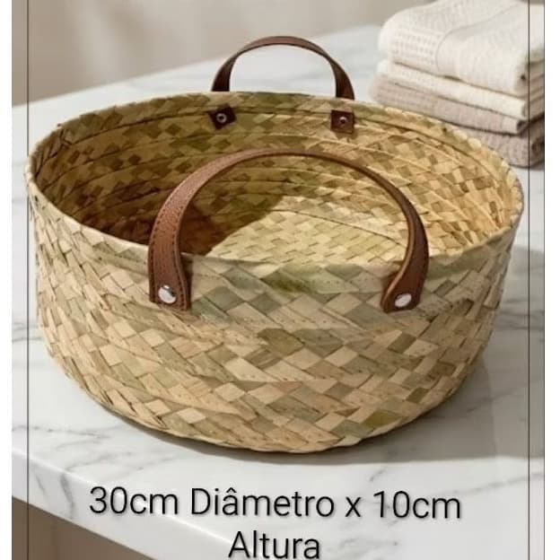 Cesta Redonda de Palha Natural 30x10cm cachipot  de palha carnaúba de pão fruteira organizador decorativo pãozeira