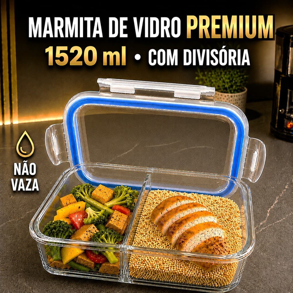 Marmita Vidro 1520ml • 1 a 5 Unidades • Premium Hermética com Divisória Não Vaza • Microondas Forno