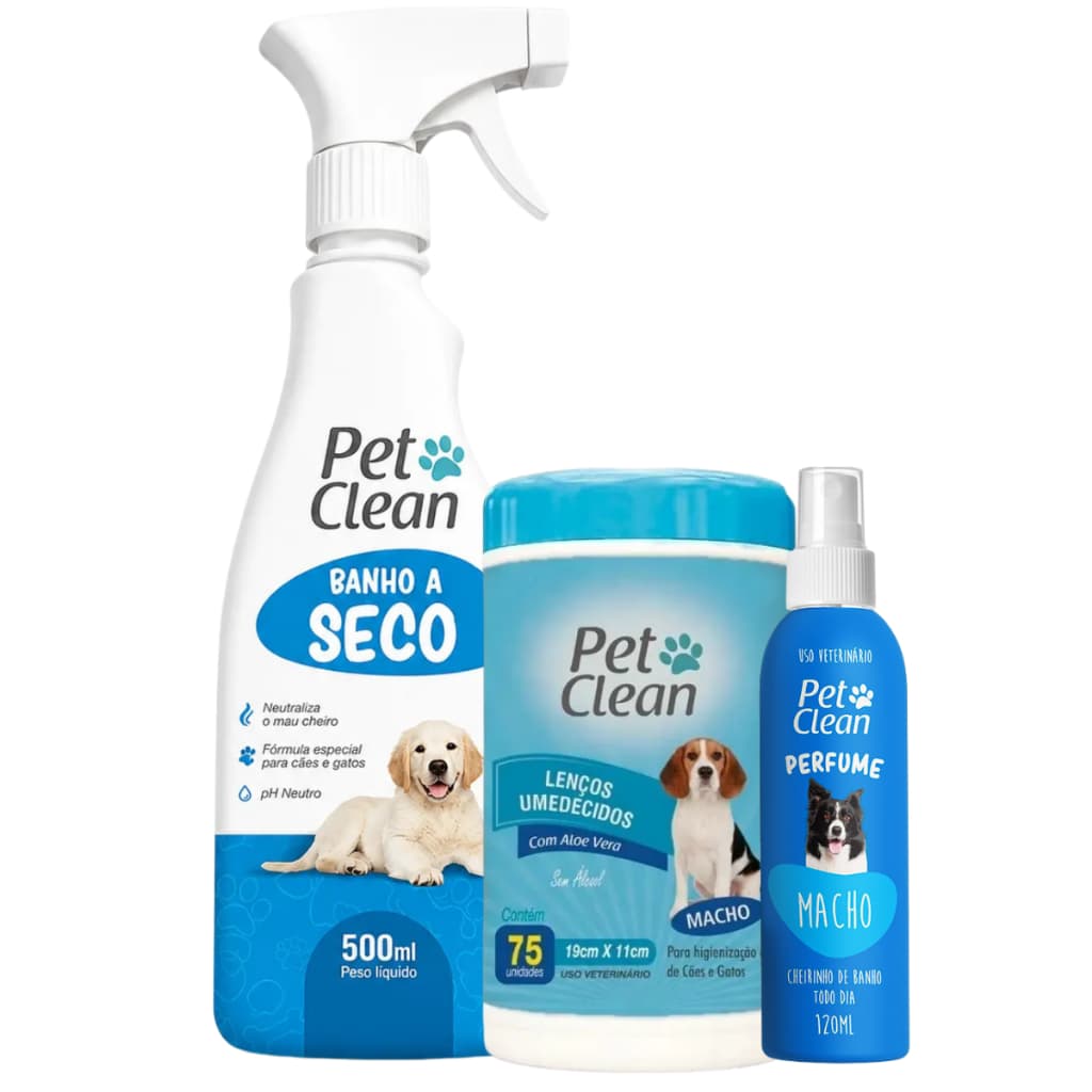 Kit Pet Clean Banho Seco + Perfume + Lenço Umedecido Cão