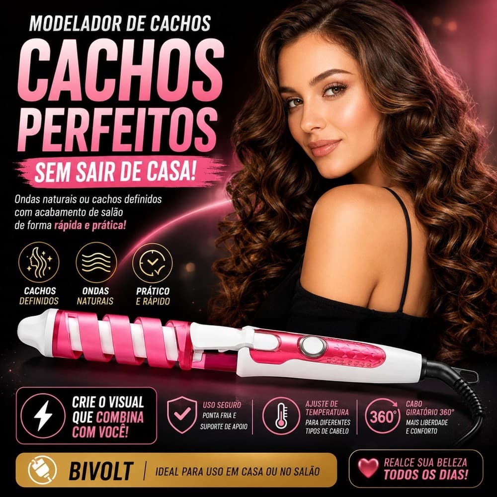 Cacheador de Cabelo 45mm Bivolt Modelador de Cachos Profissional para Ondas e Cachos