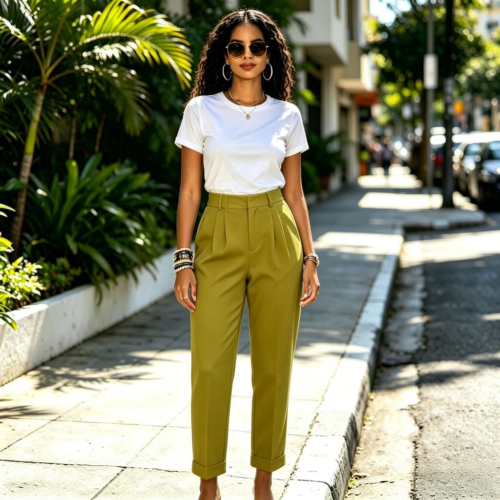 Calça Feminina Sarja Cintura Alta Linho Elastano Bolso 00903