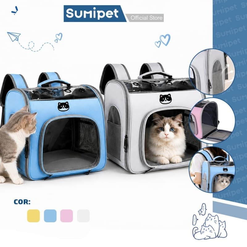 Mochila de Transporte Pet Dobrável com Janela PVC e Tela Respirável para Gatos e Cães