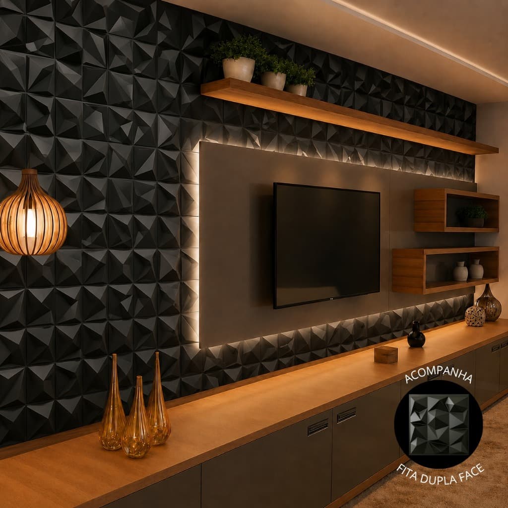 Kit 100 Placas 3D em PVC 25x25 cm para Revestimento Decorativo de Parede Com Fita Dupla Face