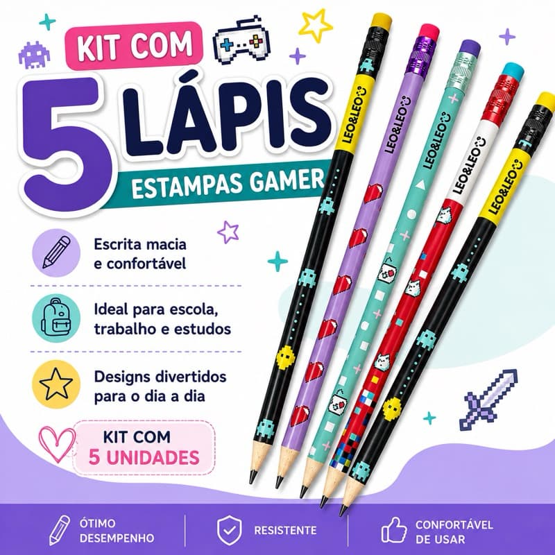 Kit 5 Lápis Grafite HB LEO&LEO Tema Gamer com Borracha Escolar