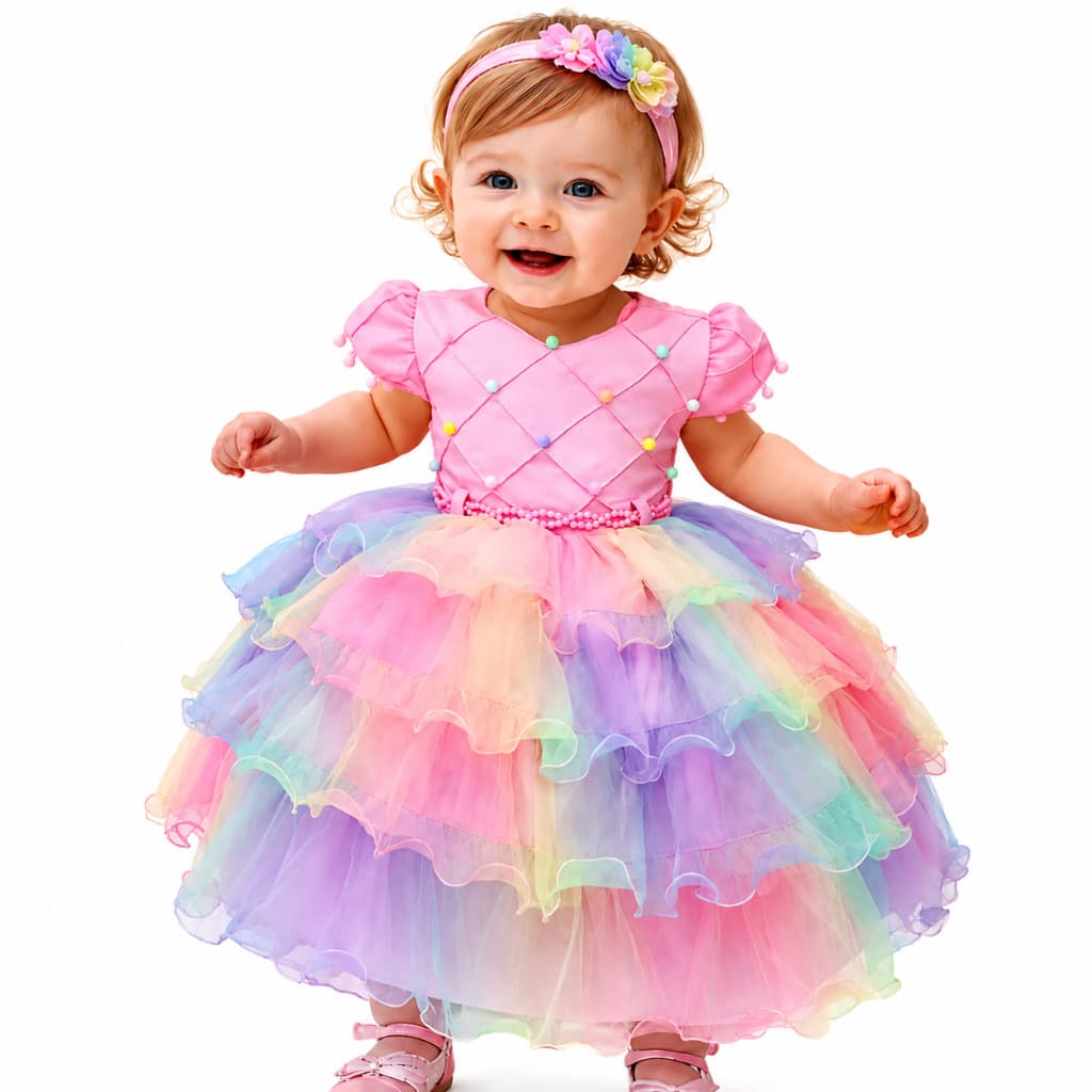Vestido Infantil Bebê Arco Íris Tule Colorido com Pérolas e Pompons Princesa Festa Aniversário