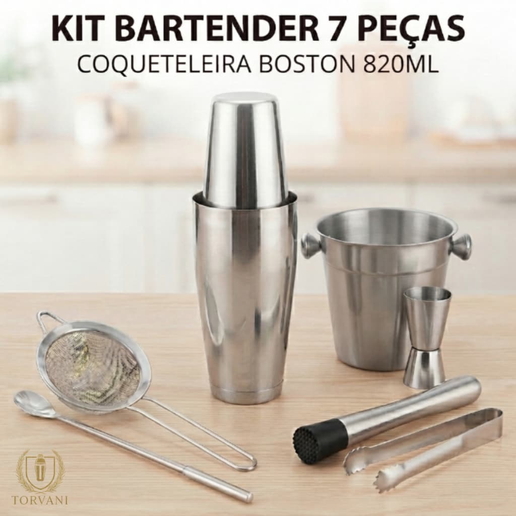 Kit Bartender Completo 7 Peças em Inox - Coqueteleira, Balde de Gelo e Dosador | Envio Imediato
