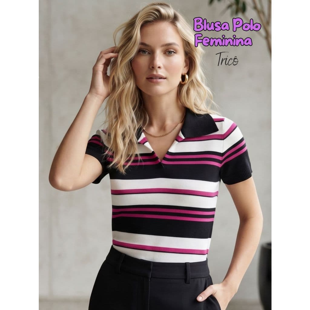 Blusa Feminina Tricô T-Shurt Listrada Gola Polo Manga Curta Decote V Casual Tricot Meia Estação