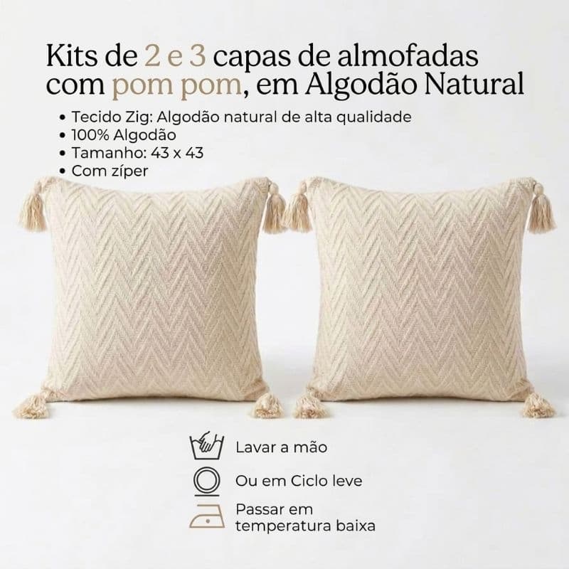 Capa de Almofada Pompom Decorativa 1 peça e kits 2 e 3 peças Zig 100% Algodão Natural Alta Qualidade