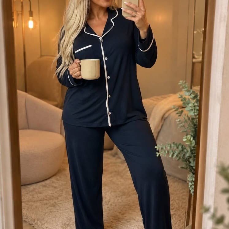 PIJAMA BOTÃO AMERICANO AZUL CALÇA AMAMENTAÇÃO MANGA LONGA