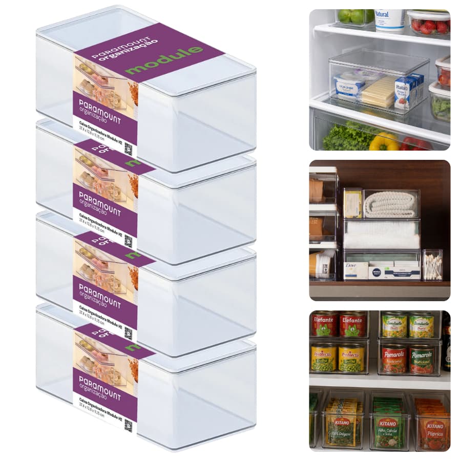 Kit Caixa Organizadora Acrílico Com Tampa Retangular Organização Geladeira Guarda Roupa Armário