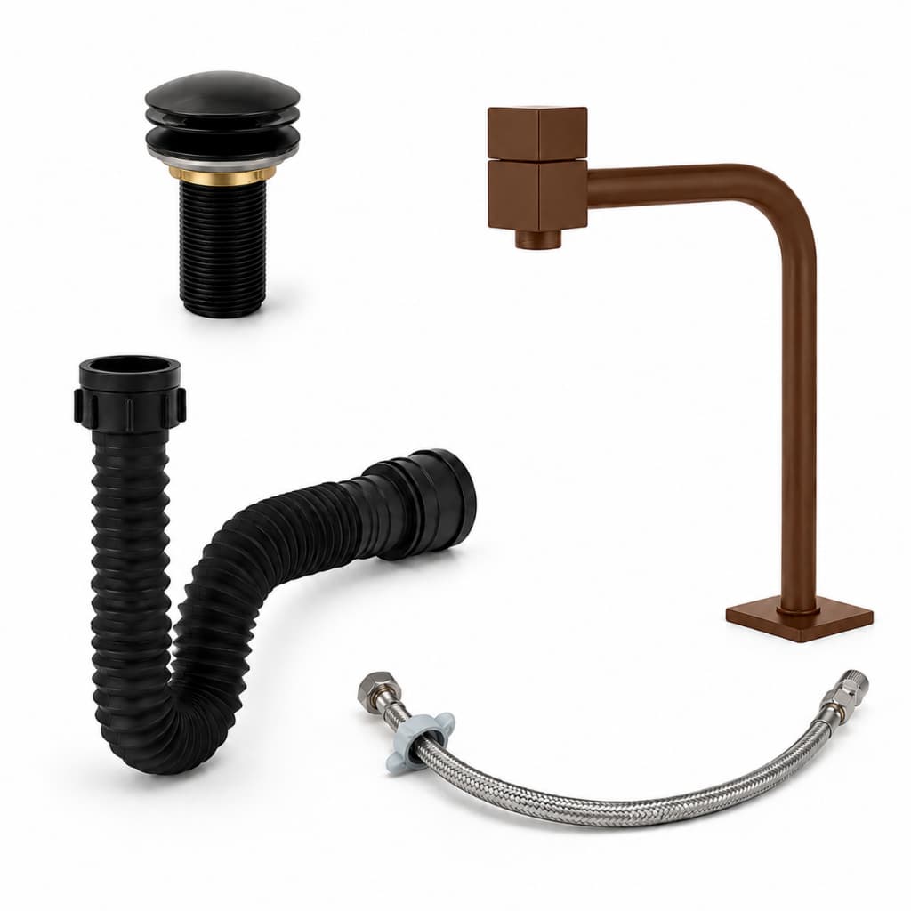 Kit Banheiro Torneira Lavatório Cuba 90° Bica Alta Corten Metal + Válvula Click 7/8 + Sifão + Engate