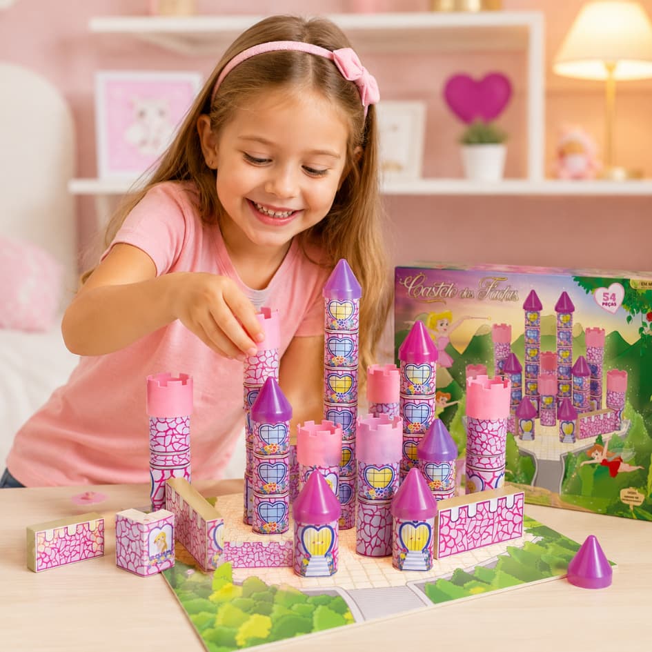 Castelo das Fadas 54 Peças Brinquedo Educativo de Madeira Castelo de Princesa Infantil Montar
