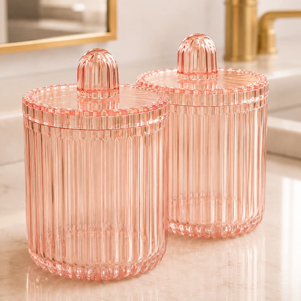 Porta Algodão e Cotonetes com Tampa Acrílico Canelado Rosé Organizador para Banheiro e Penteadeira