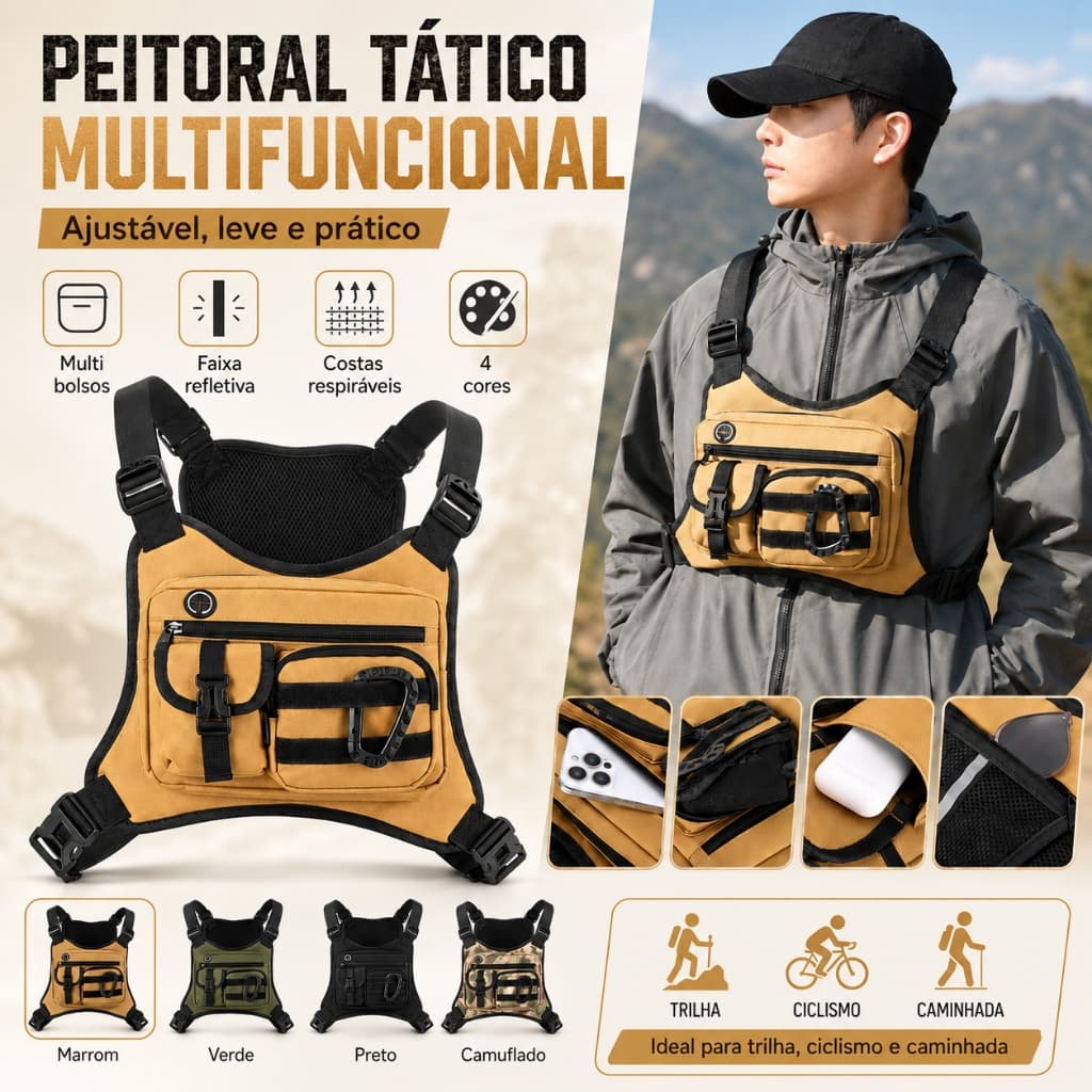 Bolsa Peitoral Tática Masculina Chest Rig Multifuncional Ajustável para Trilha Ciclismo Pesca Outdoor