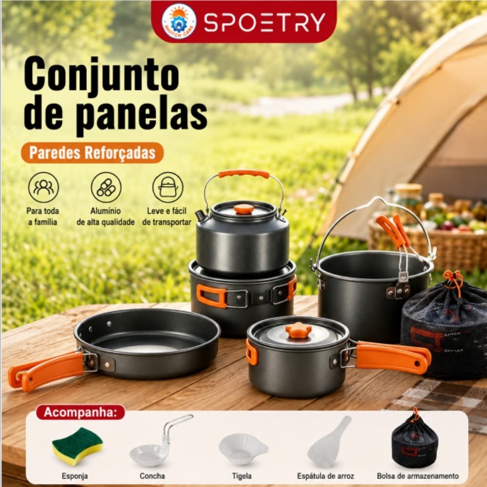 Kit 5 Peças Acampamento PicnicMaster Conjunto de Panelas e Fogão Portátil Outdoor Piquenique