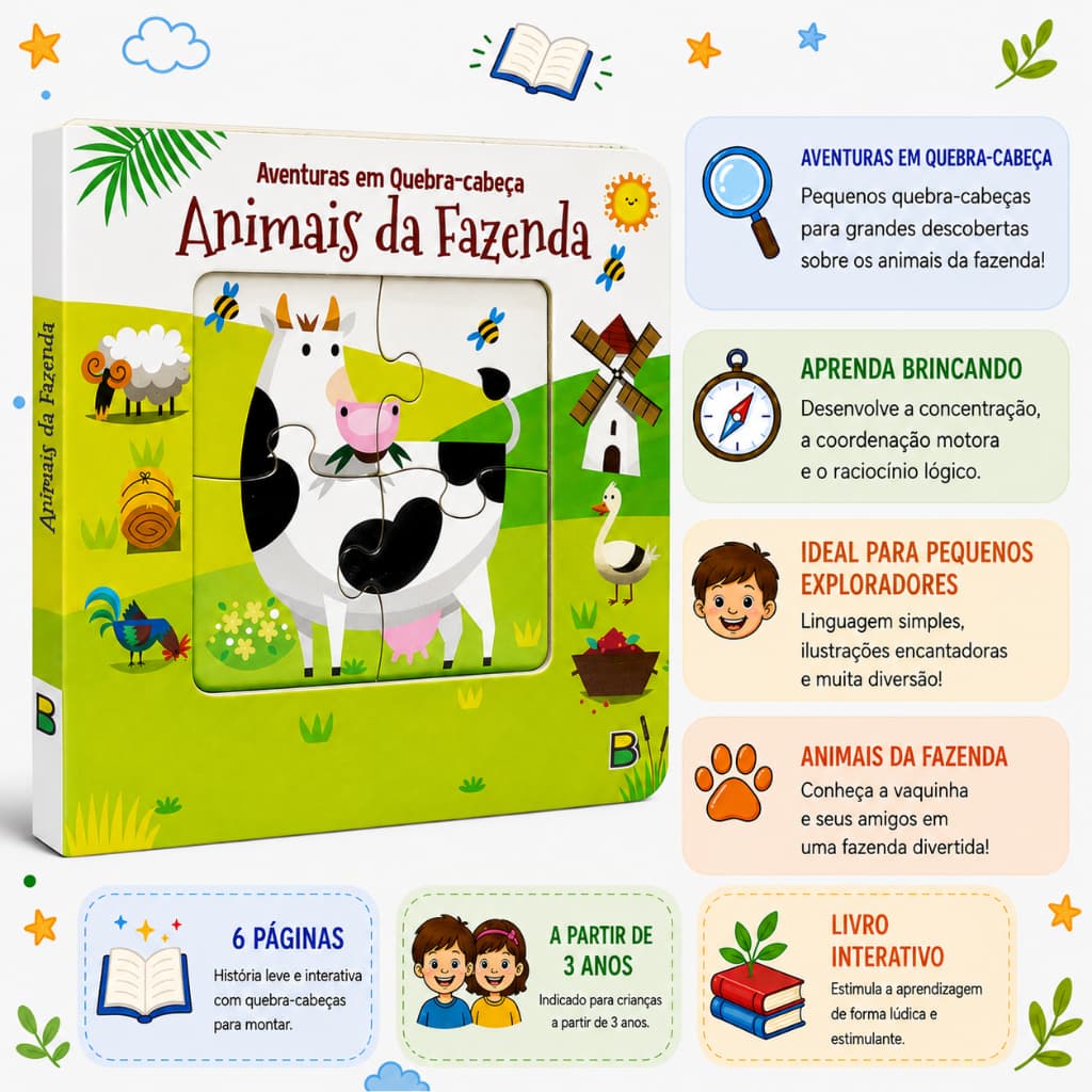 Aventuras em Quebra-Cabeça Animais da Fazenda | Livro Quebra-Cabeça Infantil | Todolivro | 3+ Anos