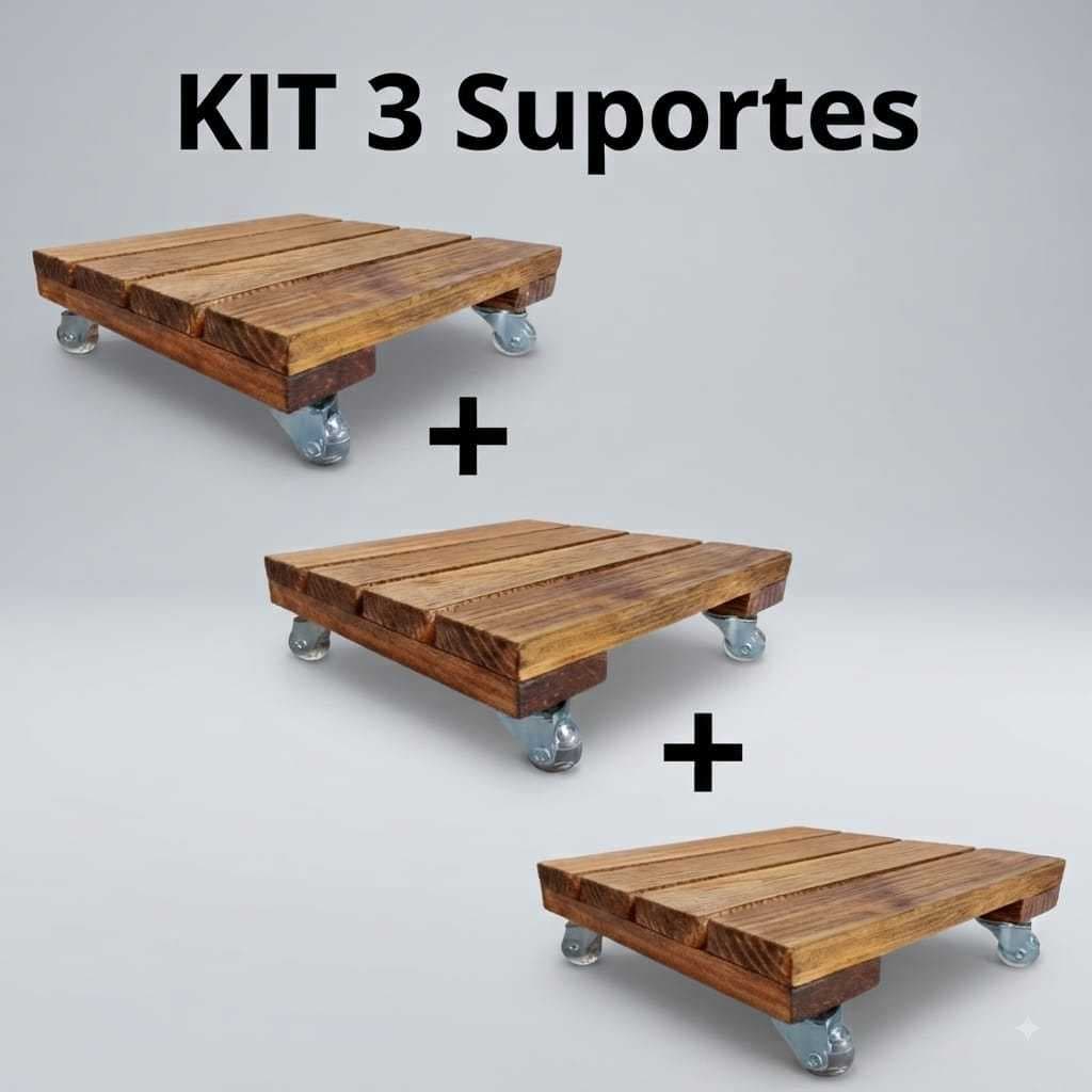 KIT COMBO 3 SUPORTES DE MADEIRA PARA VASOS 30X30 COM RODINHAS DE SILICONE GEL NÃO RISCA PISO VASO PESADO