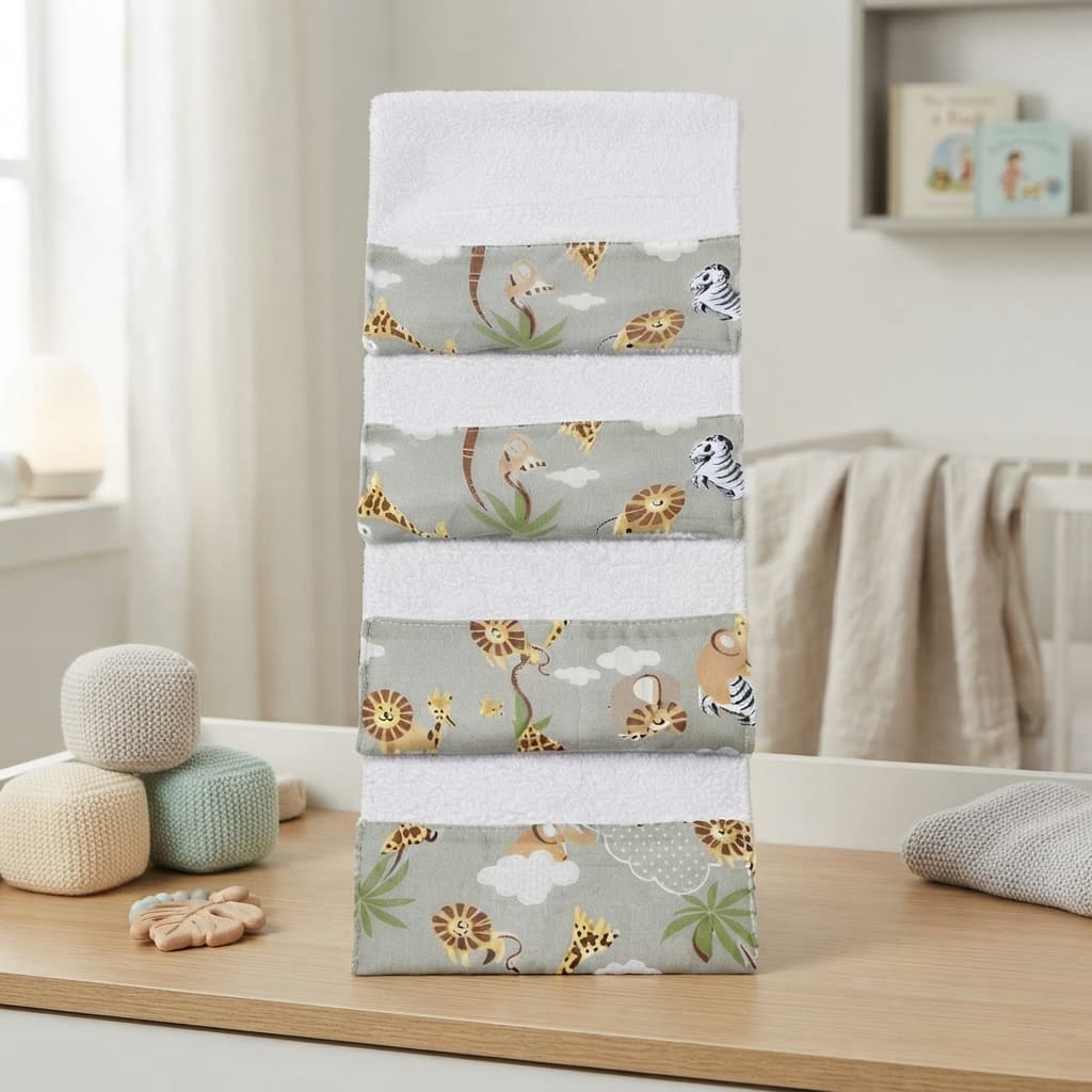 Kit Com 4 Paninhos De Boca para Bebê com Varias Cores e Estampas de Animais Menino E Menina