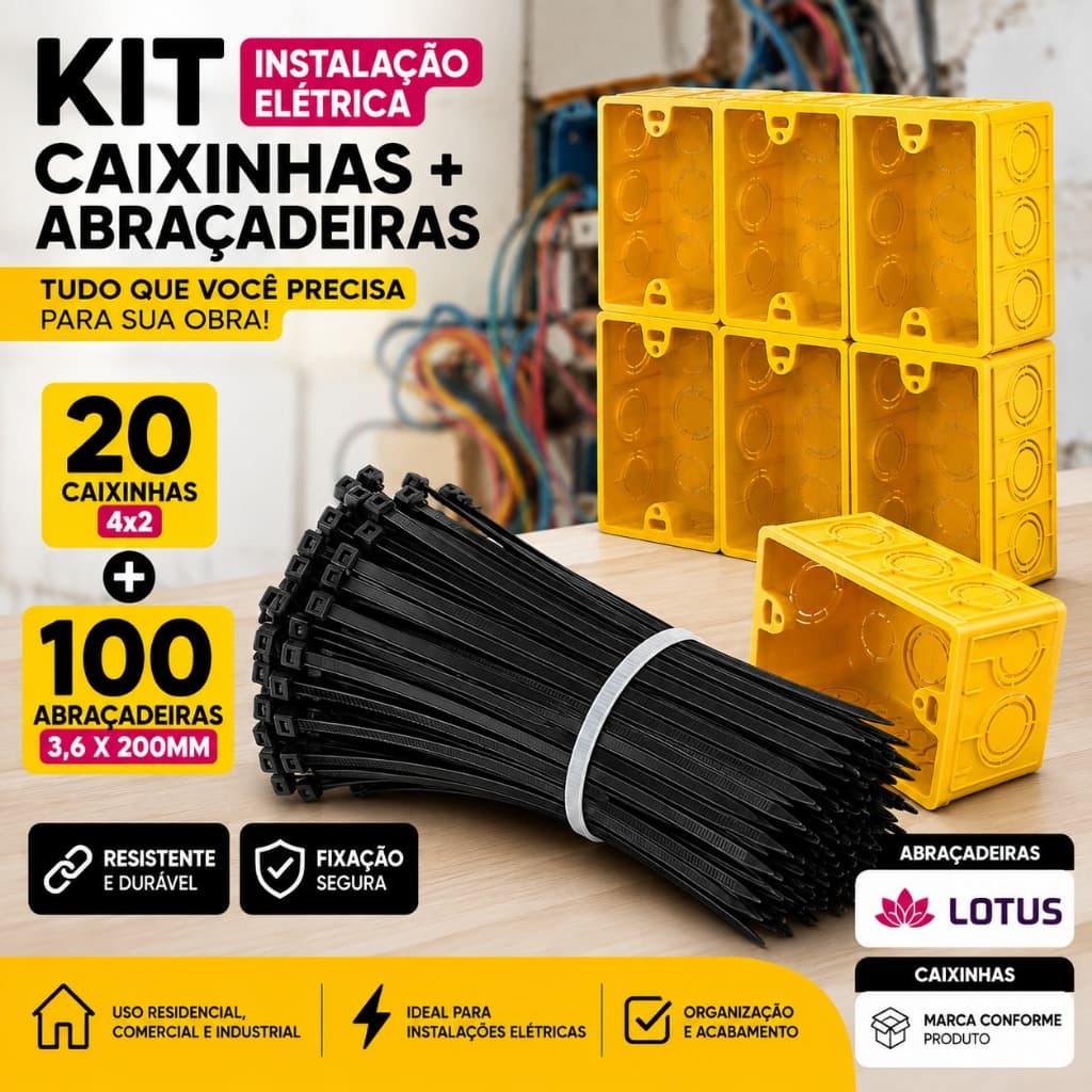 KIT INSTALAÇÃO ELÉTRICA — 20 CAIXINHAS DE LUZ 4x2 + 100 ABRAÇADEIRAS DE NYLON