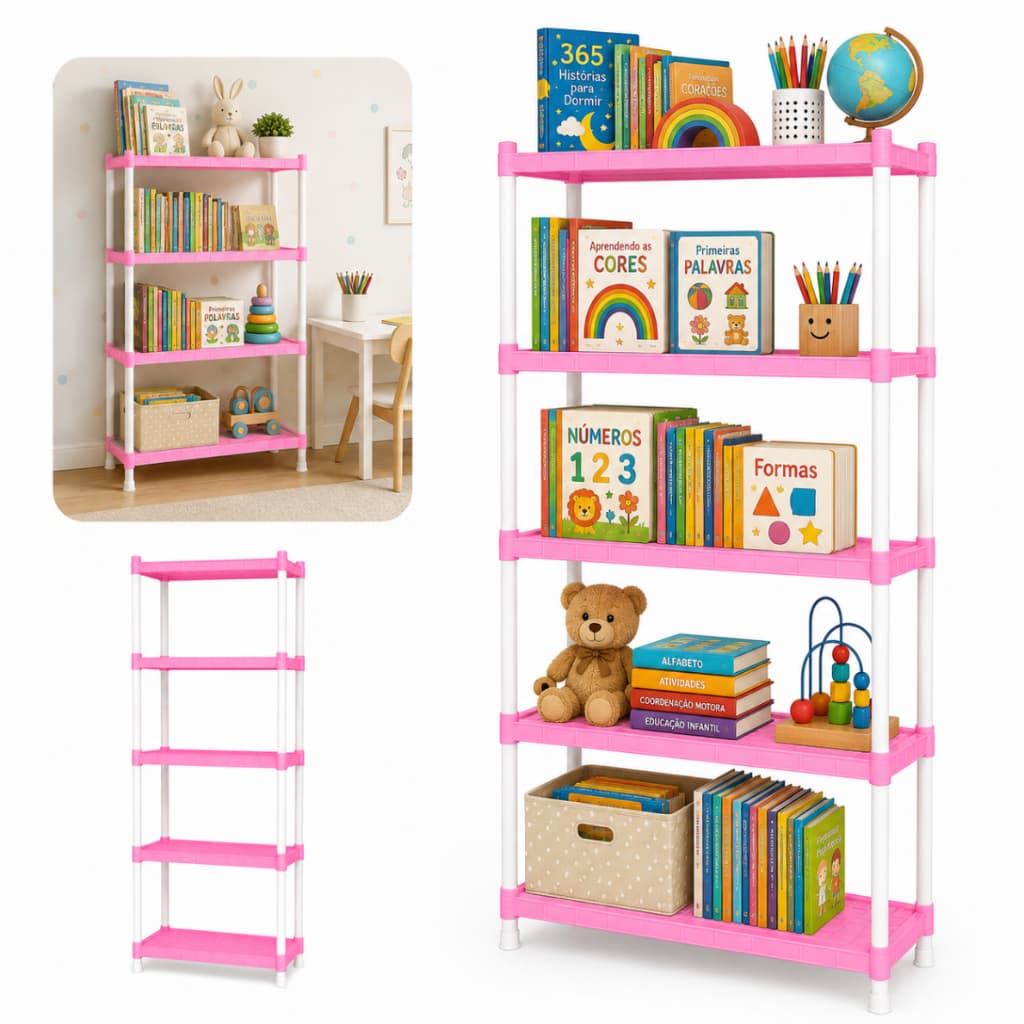 Estante Prateleira 5 Andares Bebê Infantil Organizadora 7kg Multiuso Rosa Plástico Infantil Colorida