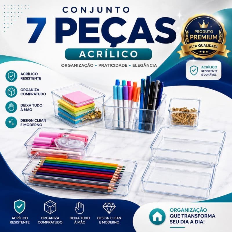 7 Organizadores em Acrilico para Escritorio, Cozinha, Prateleiras