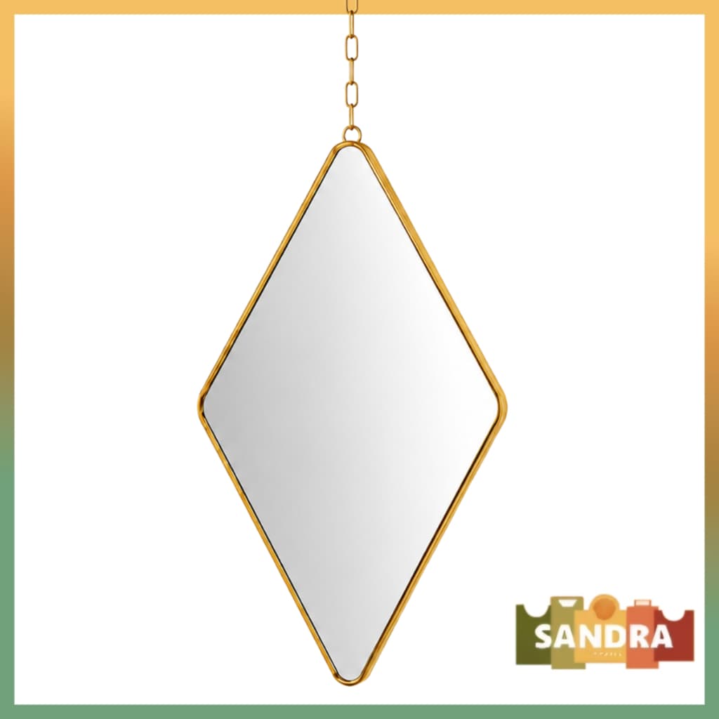 Espelho Decorativo Losango 17x27cm Dourado com Corrente para Parede Sala Quarto Lavabo Com Corrente