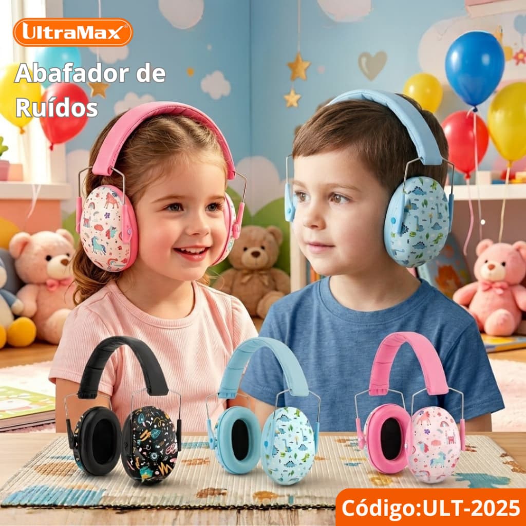 Abafador de Ruído Infantil Ajustável UltraMax ULT-2025 Protetor Auricular Estampado Dinossauro Unicórnio 25dB