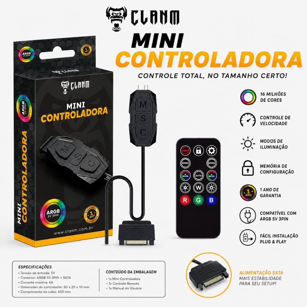 Mini Controladora ARGB para Cooler Fan 5V 3 Pinos com Controle Remoto Clanm