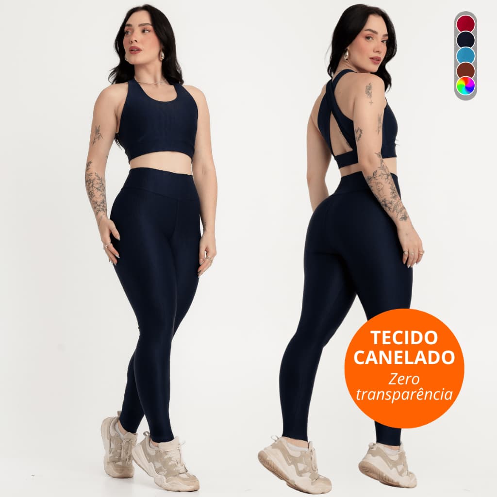 Conjunto de Academia Fitness Poliamida Canelado Top e Legging Treino Corrida Crossfit