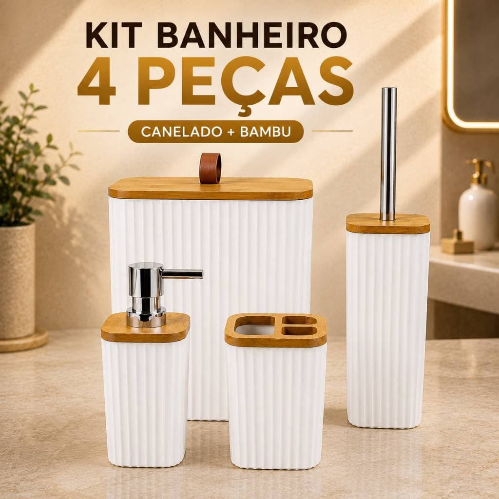 Kit Banheiro Acessórios 4  Peças Conjunto Lixeira Banheiro Escova Sanitária Porta Escova Bambu Lavabo Luxo
