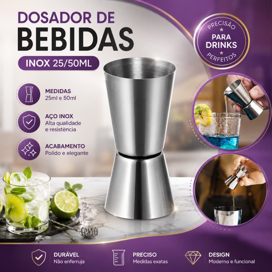 Medidor Dosador Duplo de Bebidas em Aço Inox 25/50ml Jigger Drinks Coquetéis Bartender Bar