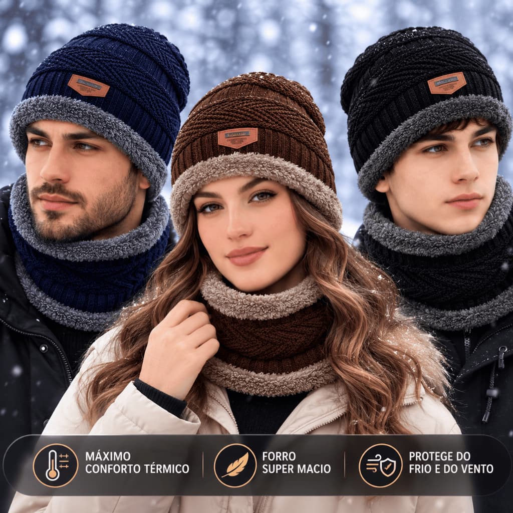 Kit Touca Gorro + Cachecol Peluciado Inverno Térmico Unissex Quentinho Azul Marinho/Preto/Marrom