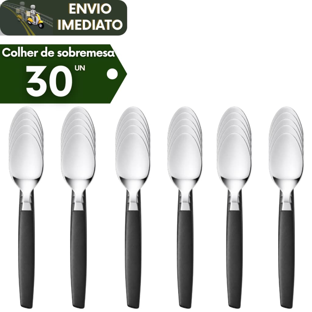 Kit 30 Colheres Pequena Preta Chá Inox Cabo Plástico Colher Resistente para Café Sobremesa Cozinha