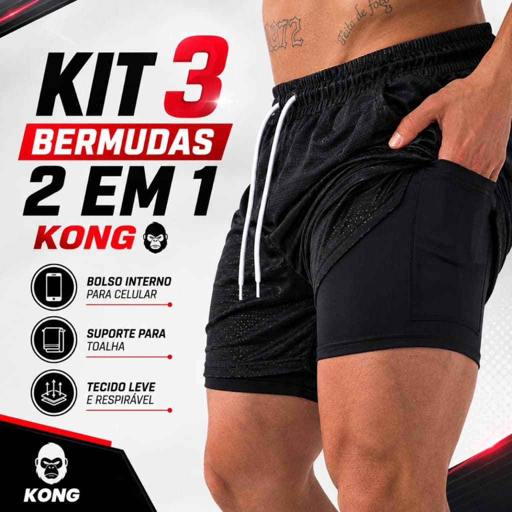 Kit 3  Bermudas Masculinas 2 em 1Kong com Suporte para Celular