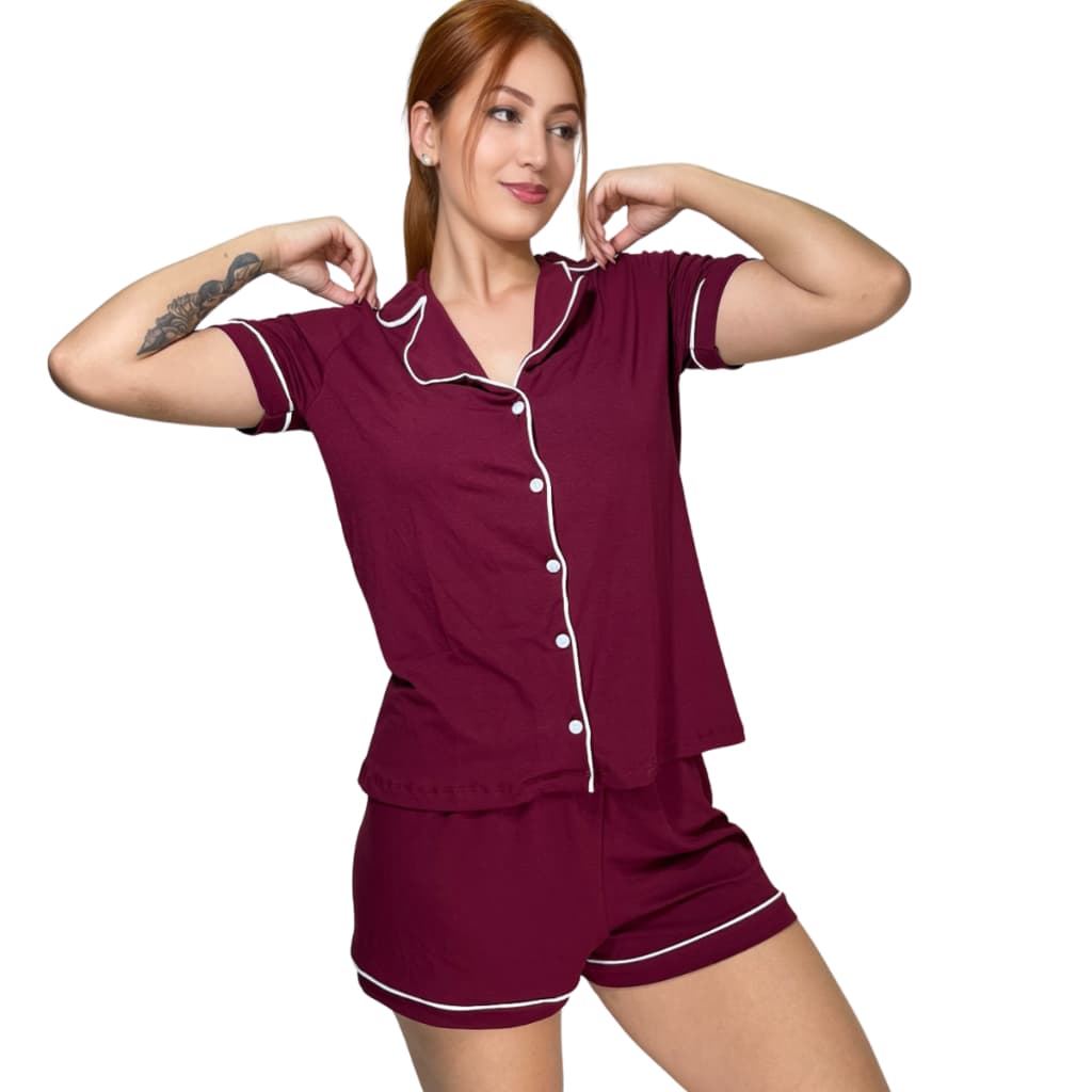 Pijama Feminino Americano manga curta Shorts Baby doll Conjunto Adulto