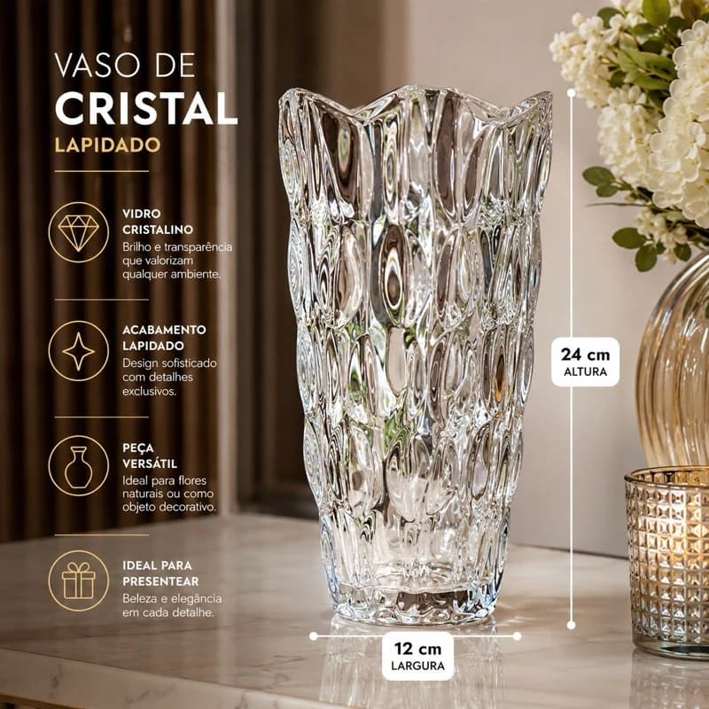 Vaso de Vidro Lapidado Grande Decorativo12,5X24cm Design Sofisticado para Sala, Mesa ou Escritório