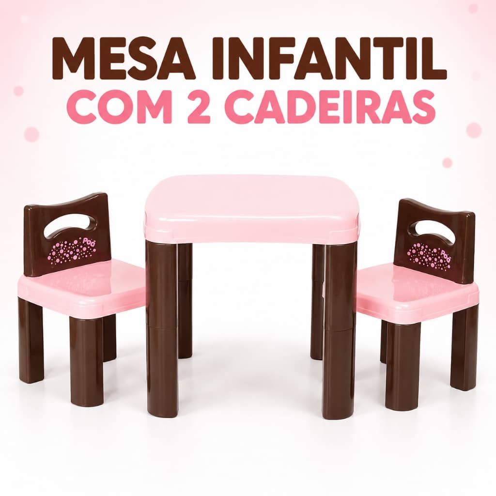 Mesinha Infantil com 2 Cadeiras Mesa Educativa Rosa Plástica Desmontável para Crianças