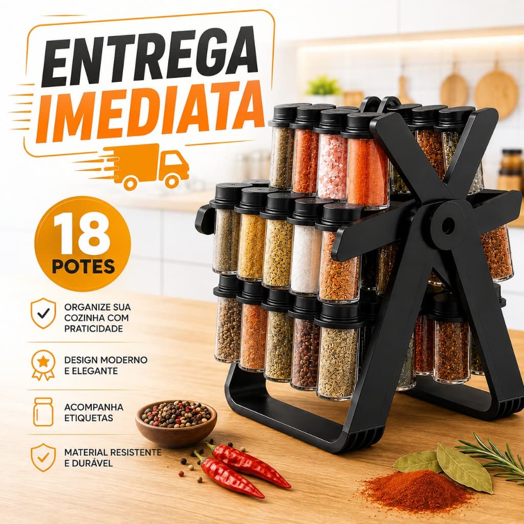 Porta Condimentos Giratório com Tampa Duas Aberturas 18 Potes 85ml Organizador de Temperos