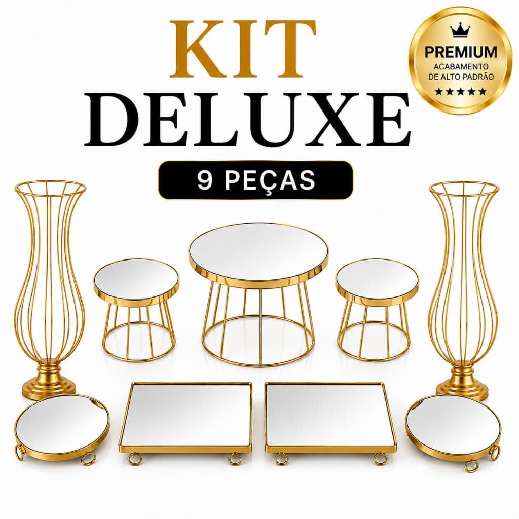 Kit Deluxe 9 Peças com Vasos em Ferro Premium | Boleiras e Bandejas Espelhadas | Mesa de Doces | Decoração para Festas |