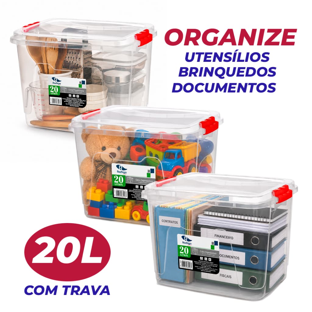 Caixa Organizadora 20 Litros Transparente com Tampa e Travas Multiuso para Brinquedos Documentos Cozinha