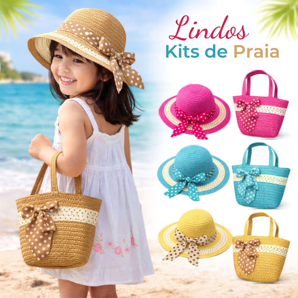 Kit Chapéu + Bolsinha Infantil Menina Moda Praia Piscina