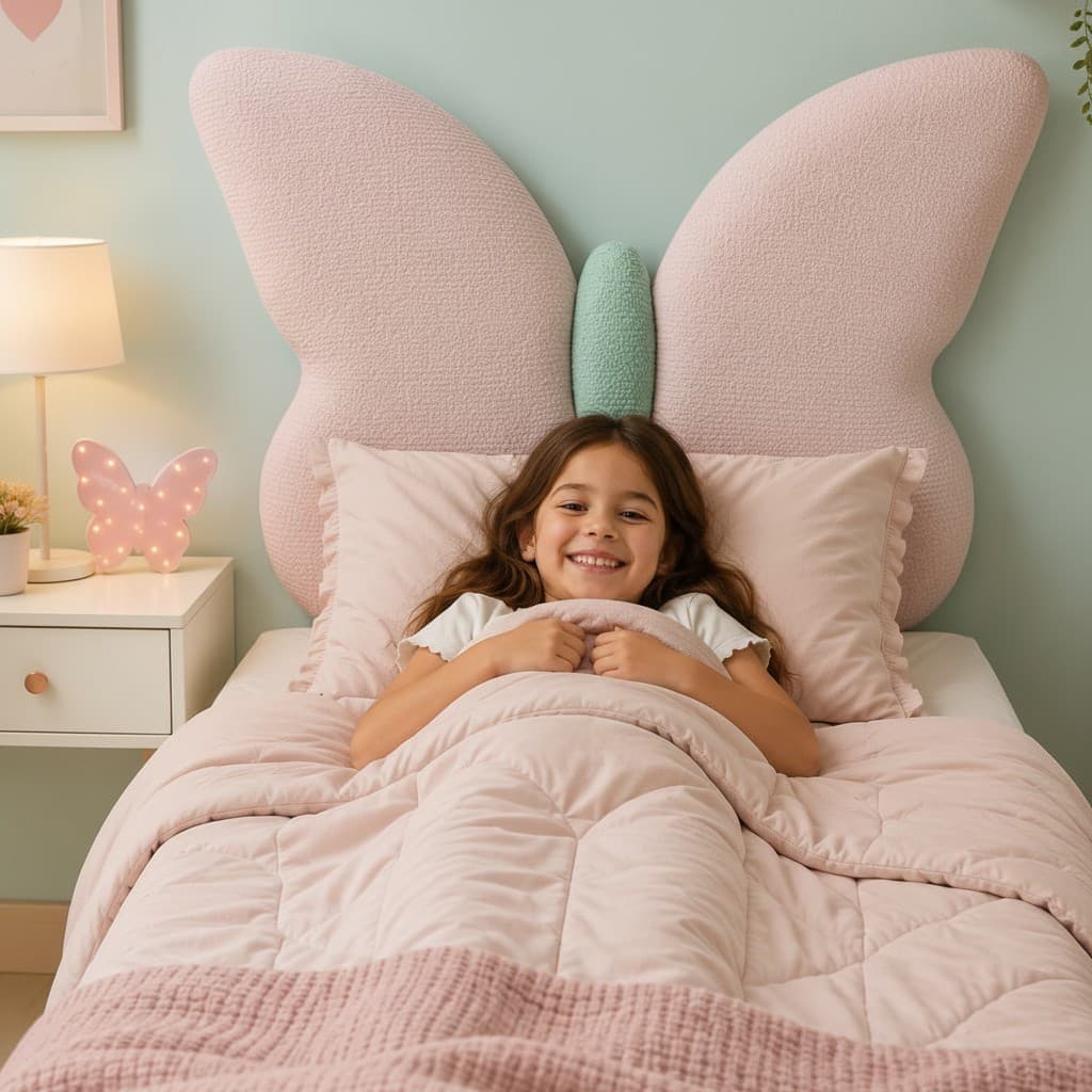 Cabeceira Solteiro Menina Infantil Borboleta Rosa Para Cama Box Bouclê Rosa E Erva Doce