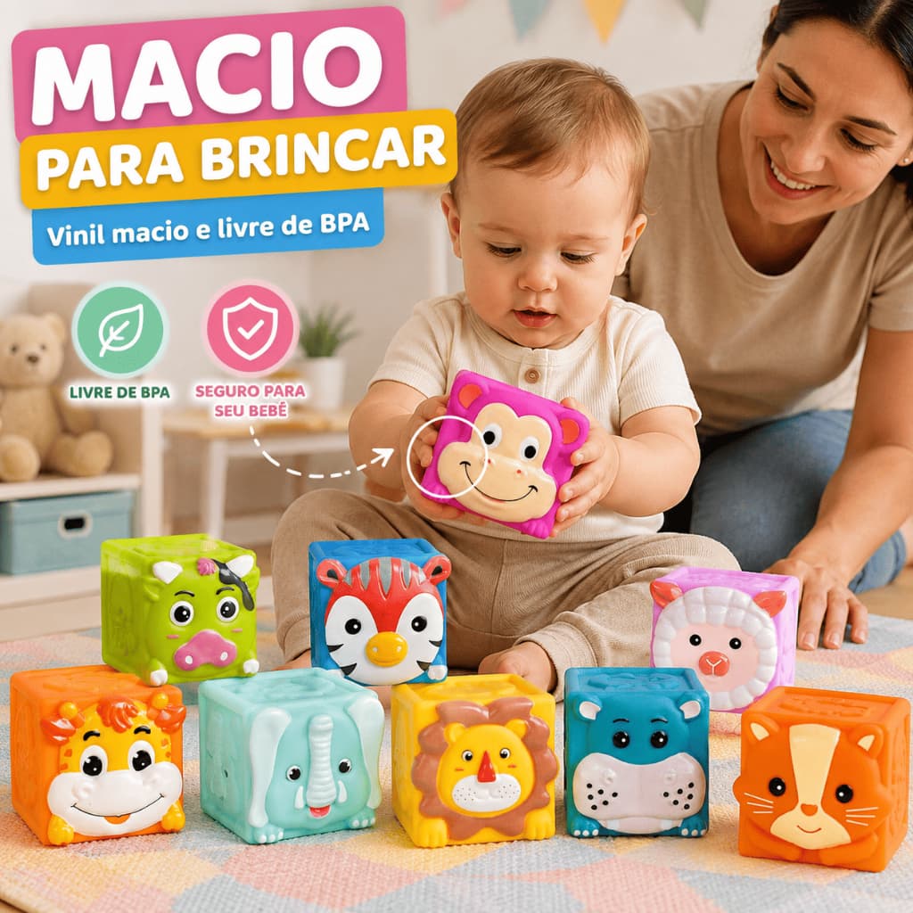 Cubo de Atividades para Bebê Kit 9 Peças Vinil Macio Animais Sensorial Empilhar
