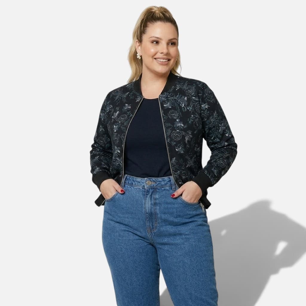 Jaqueta Bomber Feminina Estampada Floral Punho e Gola Preta Manga Longa Zíper