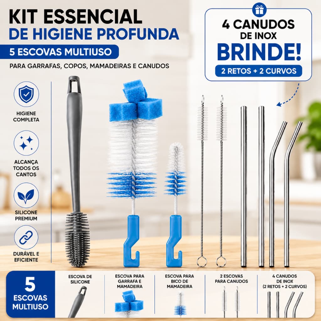 Kit Escovas Limpeza 5 em 1 Silicone e Nylon p/ Copos, Mamadeiras, Canudos e Garrafas